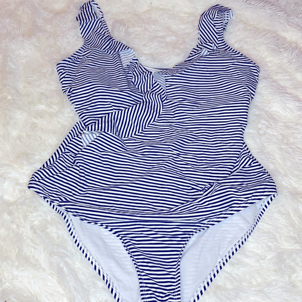 NipTuck Swim Blue White Stripe Ruffle One Piece Swimsuit Size 12